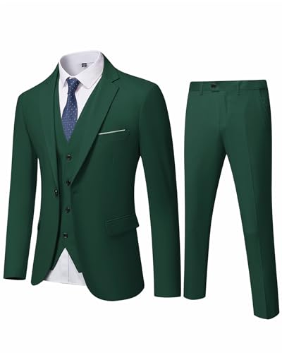 YND Herren Slim Fit 3-teiliger Anzug, Ein-Knopf, solide Jacke, Weste, Hose Set mit Krawatte, dunkelgrün, L von YND