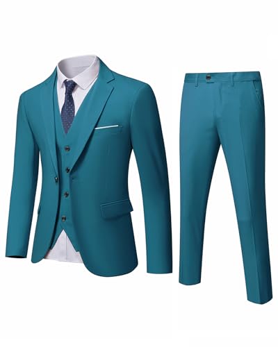 YND Herren Slim Fit 3-teiliger Anzug, Ein-Knopf, solide Jacke, Weste, Hose Set mit Krawatte, hellblau, XX-Large von YND