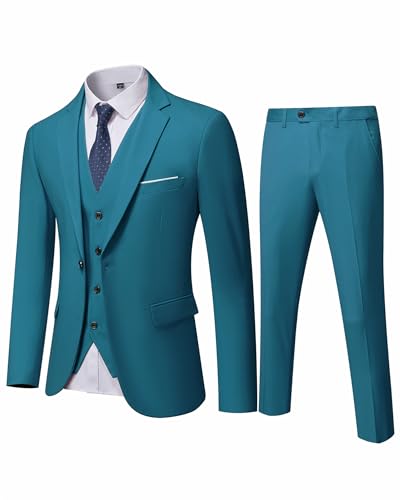 YND Herren Slim Fit 3-teiliger Anzug, Ein-Knopf-Jacke, Weste, Hosen-Set mit Krawatte, Hell, blau, XS von YND