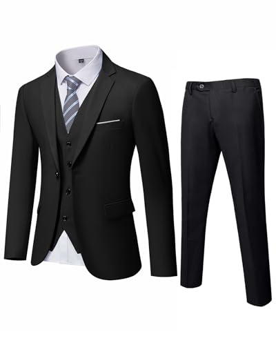 YND Herren Slim Fit 2 Knöpfe 3-teiliges Anzug-Set Solide Blazer Jacke Weste Hose & Krawatte, Schwarz , Large von YND