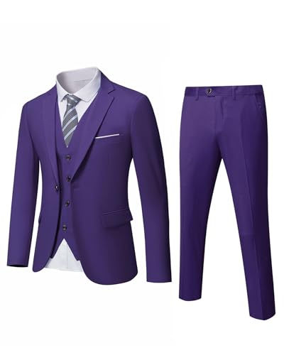 YND Herren Slim Fit 3-teiliger Anzug Ein-Knopf-Jacke Weste Hose Set mit Krawatte, deep purple, XL von YND