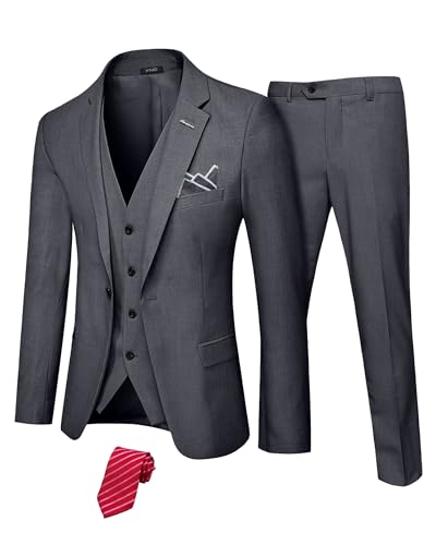 YND Herren Slim Fit 3-teiliger Anzug mit Stretch-Stoff, Ein-Knopf-Blazer, Weste, Hose, Party, Hochzeitskleid mit Krawatte, Dunkelgrau (Stretchgewebe), XX-Large von YND