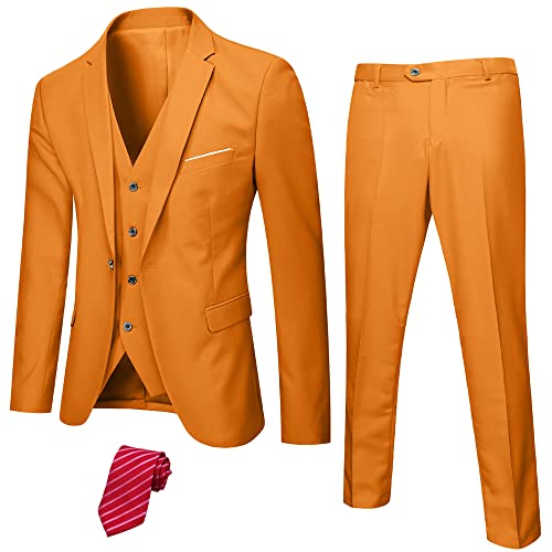 YND Herren Slim Fit 3-teiliges Anzug-Set, EIN-Knopf-Blazer, Weste, Hose mit Krawatte, Orange/Abendrot im Zickzackmuster (Sunset Chevron), M von YND