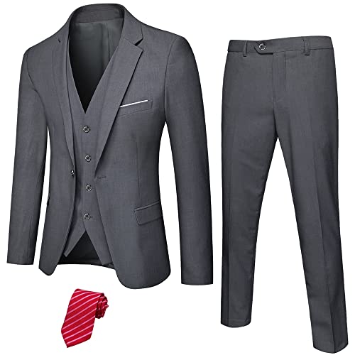 YND Herren Slim Fit 3-teiliges Anzug-Set, ein Knopf solide Blazer Weste Hose mit Krawatte, dunkelgrau, L von YND