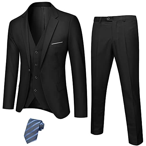 YND Herren Slim Fit 3-teiliges Anzug-Set, Ein-Knopf-Blazer, Weste, Hose mit Krawatte, Schwarz, L von YND