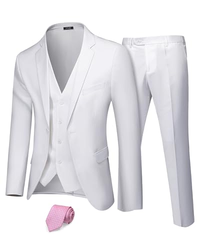 YND Herren Slim Fit 3-teiliges Anzug-Set, Ein-Knopf-Blazer, Weste, Hose mit Krawatte, Reines Weiß, L von YND