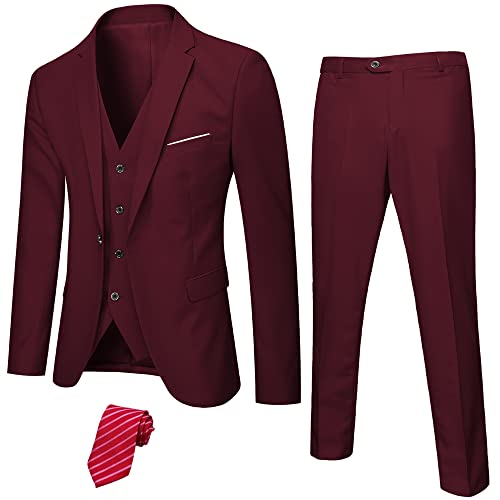 YND Herren Slim Fit 3-teiliges Anzug-Set, Ein-Knopf-Solid Blazer Weste Hose mit Krawatte, Burgunder, X-Large von YND