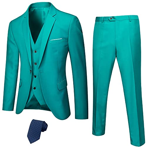 YND Herren Slim Fit 3-teiliges Anzug-Set, Ein-Knopf-Solid Blazer Weste Hose mit Krawatte, Grün , XL von YND