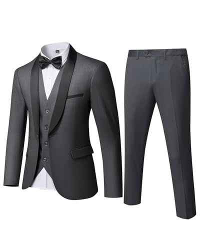 YND Herren-Smoking-Set, 3-teilig, schmale Passform, Schalkragen, solide Jacke, Weste, Hose mit Fliege, dunkelgrau, M von YND