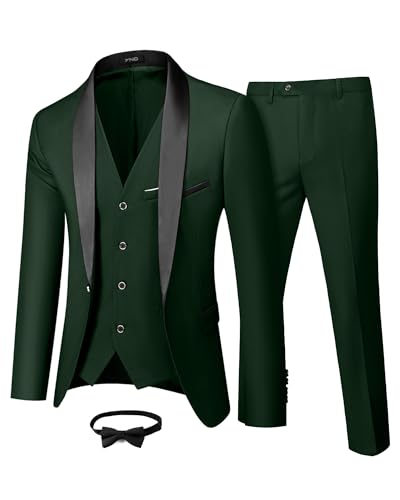 YND Herren-Smoking-Set, 3-teilig, schmale Passform, Schalkragen, solide Jacke, Weste, Hose mit Fliege, dunkelgrün, XL von YND