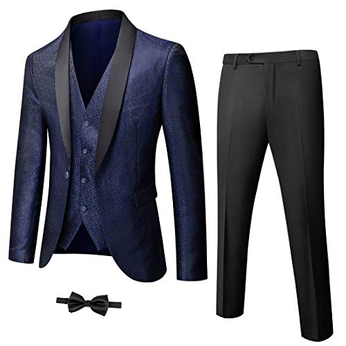 YND Herren-Smoking-Set, 3-teilig, schmale Passform, Schalkragen mit einem Knopf, Jacke, Weste, Hose mit Fliege - Blau - XL von YND