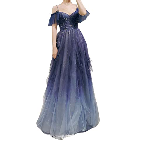 YNIEIAA Damen Kleid Rüschenärmel Netzstoff Glitzer Pailletten Cami Ballkleider Stern Mond Galaxie Abendkleider Hoch Tailliert Pleated Große Größe Maxikleid Elegant Schwingen Cocktailkleid Blau 4XL von YNIEIAA