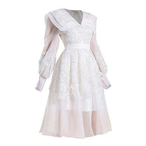 YNIEIAA Damen Kleid V-Ausschnitte Mit Kragen Langarm Freizeitkleid Netzstoff Spitze Stickerei Blumendruck Leichte Abendkleider Hoch Tailliert Courtly Elegant Knielang Midikleid Weiß M von YNIEIAA