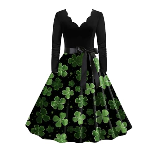 YNIEIAA St. Patrick's Day Kostüm Damen, Kleeblatt Irisches Glücklich Grün Kleid Langarm V-Ausschnitte Große Größen Freizeitkleid Elegant Rockabilly Knielang Partykleid für Frauen Grün 1 XL von YNIEIAA