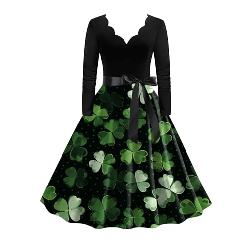 YNIEIAA St. Patrick's Day Kostüm Damen, Kleeblatt Irisches Glücklich Grün Kleid Langarm V-Ausschnitte Große Größen Freizeitkleid Elegant Rockabilly Knielang Partykleid für Frauen Grün 7 L von YNIEIAA