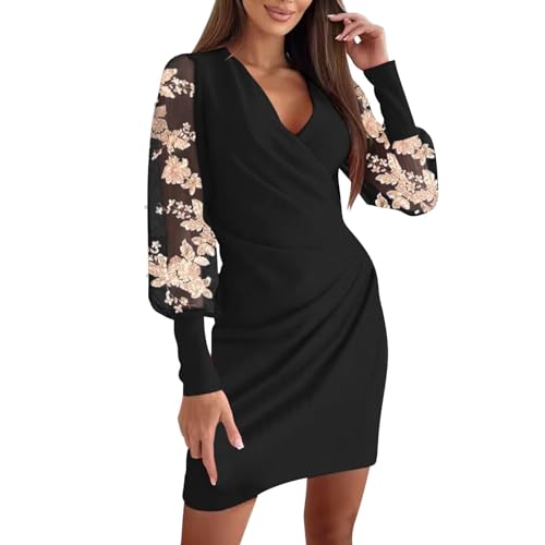 YNIEIAA Women's Long Sleeve V-Neck Winter Dresses Elegant Sexy Lace Cocktail Dress Black White Red Mini Dress Casual Dress Evening Dresses for Women Business, beige, S (Z - Bodycon - D-Black, M) von YNIEIAA