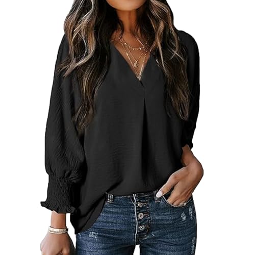 YNIQUE Bluse Damen 3/4 Ärmel Lässiges Hemd mit V-Ausschnitt Lockere Passform Solide Oberteil Elegant von YNIQUE