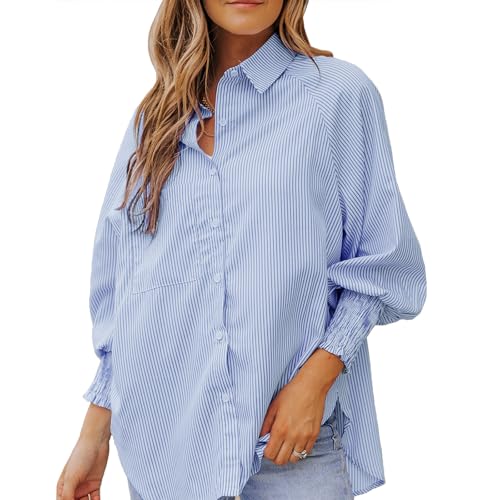 YNIQUE Bluse Damen Langarm Streifen Oberteile, Hemd mit Lockere Passform, Oberteil Elegant mit Tasche, Button Down Casual Tops von YNIQUE