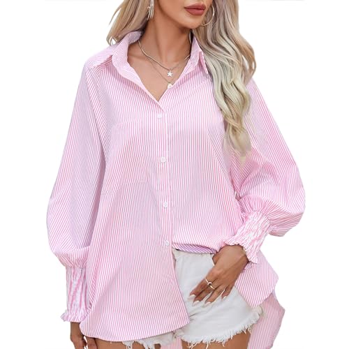 YNIQUE Bluse Damen Langarm Streifen Oberteile, Hemd mit Lockere Passform, Oberteil Elegant mit Tasche, Button Down Casual Tops von YNIQUE