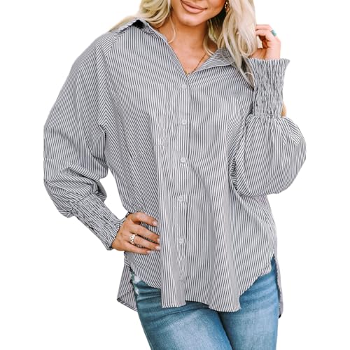 YNIQUE Bluse Damen Langarm Streifen Oberteile, Hemd mit Lockere Passform, Oberteil Elegant mit Tasche, Button Down Casual Tops von YNIQUE