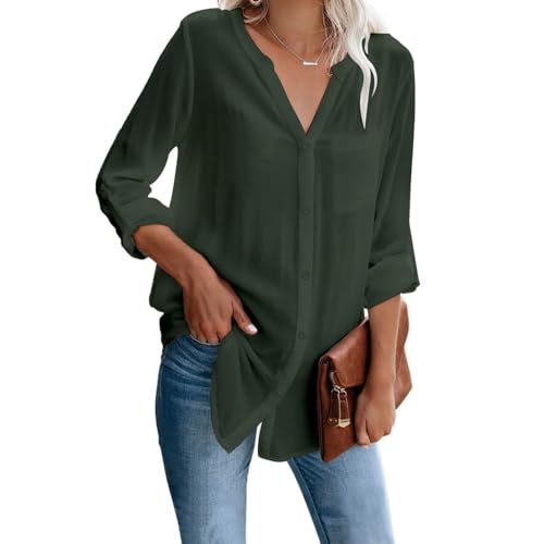 YNIQUE Damen Bluse Elegant V-Ausschnitt Hemd Langarm Casual Arbeit Einfarbig Button Down Lose Langarmshirt Oberteile Aufrollen Tops von YNIQUE