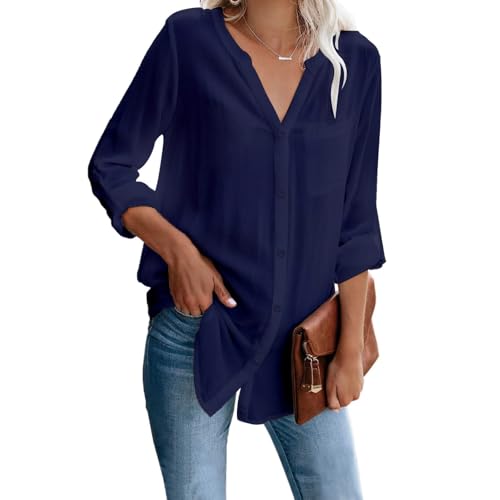 YNIQUE Damen Bluse Elegant V-Ausschnitt Hemd Langarm Casual Arbeit Einfarbig Button Down Lose Langarmshirt Oberteile Aufrollen Tops von YNIQUE