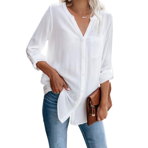 YNIQUE Damen Bluse Elegant V-Ausschnitt Hemd Langarm Casual Arbeit Einfarbig Button Down Lose Langarmshirt Oberteile Aufrollen Tops von YNIQUE