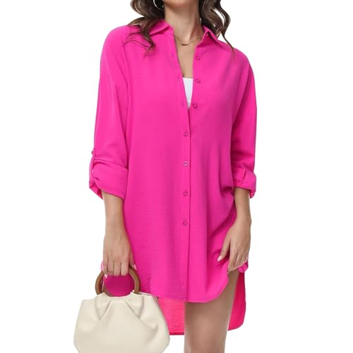 YNIQUE Damen Bluse V-Ausschnitt Hemdbluse Langarm Lässiges Hemd zum Knöpfen Langarmshirt Casual Oberteile Aufrollen Tops von YNIQUE