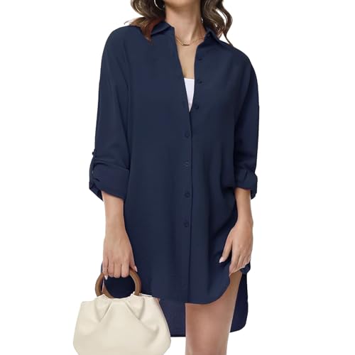 YNIQUE Damen Bluse V-Ausschnitt Hemdbluse Langarm Lässiges Hemd zum Knöpfen Langarmshirt Casual Oberteile Aufrollen Tops von YNIQUE