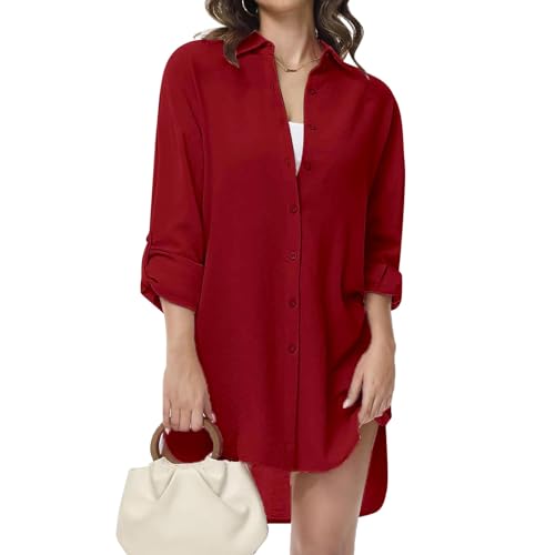 YNIQUE Damen Bluse V-Ausschnitt Hemdbluse Langarm Lässiges Hemd zum Knöpfen Langarmshirt Casual Oberteile Aufrollen Tops von YNIQUE