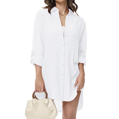 YNIQUE Damen Bluse V-Ausschnitt Hemdbluse Langarm Lässiges Hemd zum Knöpfen Langarmshirt Casual Oberteile Aufrollen Tops von YNIQUE