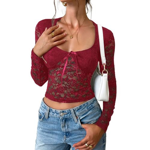 YNIQUE Damen Elegant Blusen, Spitzenbluse Oberteiel Hemdbluse, Langarm Sexy Bluse, Durchsichtiges Mesh Blumenmuster Top Clubwear von YNIQUE