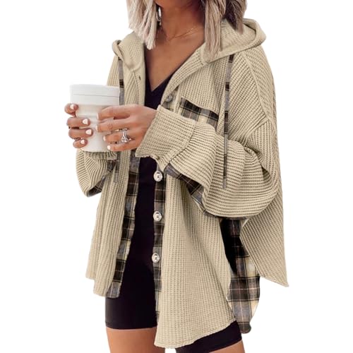 YNIQUE Damen Karierte Jacke mit Knopf - Langarm Shacket Mantel Waffelstrick Hemdbluse Oberteil von YNIQUE