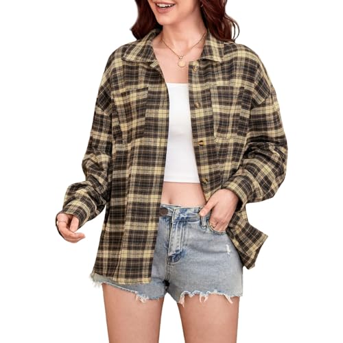 YNIQUE Damen Kariertes mit Knopfleiste Langarm V-Ausschnitt Hemden Lässiges Hemdbluse Bluse Tunika Oberteile Damen Tops von YNIQUE