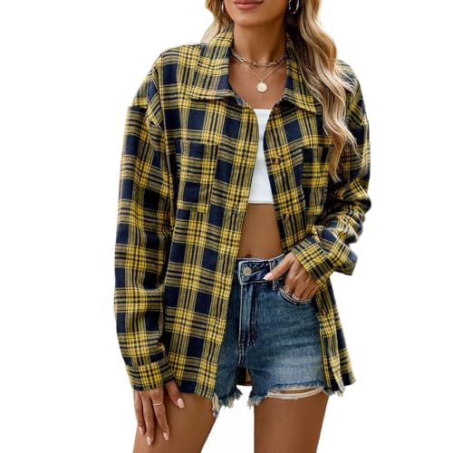 YNIQUE Damen Kariertes mit Knopfleiste Langarm V-Ausschnitt Hemden Lässiges Hemdbluse Bluse Tunika Oberteile Damen Tops von YNIQUE