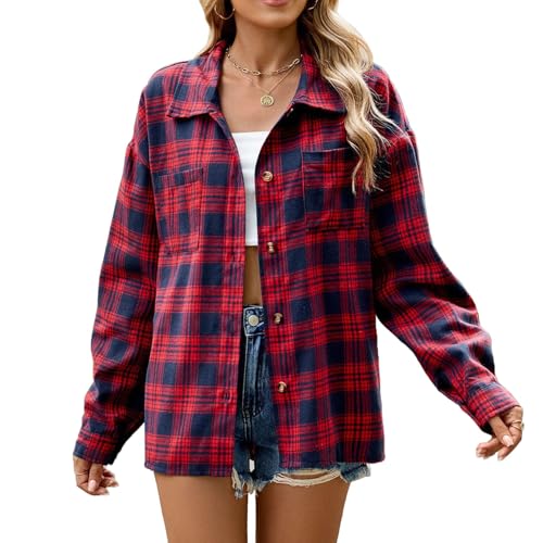 YNIQUE Damen Kariertes mit Knopfleiste Langarm V-Ausschnitt Hemden Lässiges Hemdbluse Bluse Tunika Oberteile Damen Tops von YNIQUE