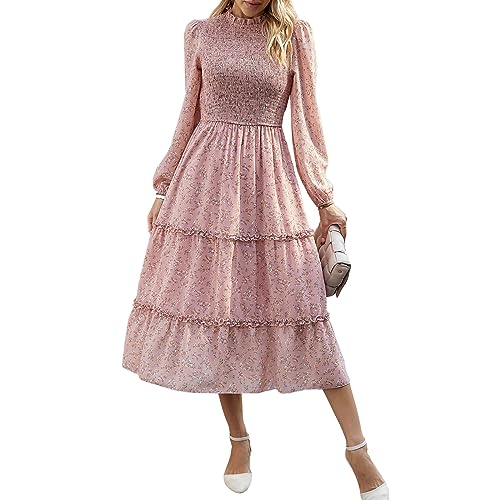 YNIQUE Damen Kleider Lässig Langärmlig Stehkragen Bohemian Blumenmuster Fließende Maxi Kleider Abgestuftes Cocktail Kleid von YNIQUE