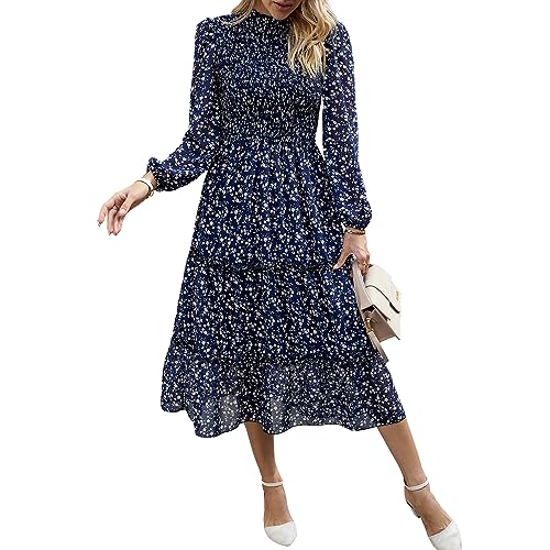 YNIQUE Damen Kleider Lässig Langärmlig Stehkragen Bohemian Blumenmuster Fließende Maxi Kleider Abgestuftes Cocktail Kleid von YNIQUE