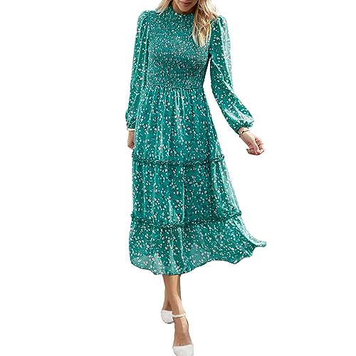 YNIQUE Damen Kleider Lässig Langärmlig Stehkragen Bohemian Blumenmuster Fließende Maxi Kleider Abgestuftes Cocktail Kleid von YNIQUE