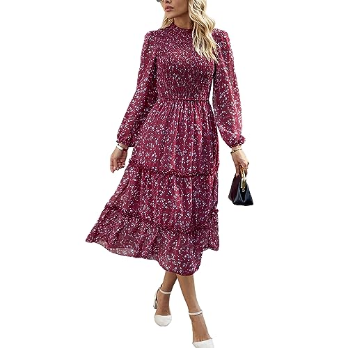 YNIQUE Damen Kleider Lässig Langärmlig Stehkragen Bohemian Blumenmuster Fließende Maxi Kleider Abgestuftes Cocktail Kleid von YNIQUE