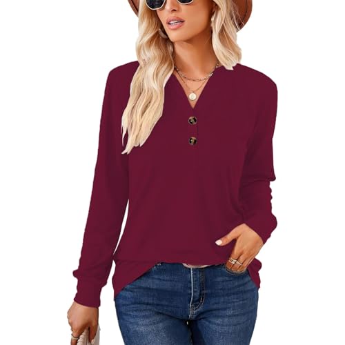 YNIQUE Damen Langarmshirt Elegant Langarm Oberteile V-Ausschnitt Basic Tunika Bluse Knopfleiste von YNIQUE