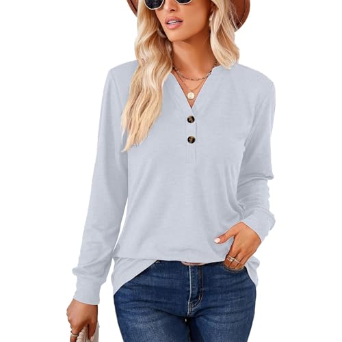 YNIQUE Damen Langarmshirt Elegant Langarm Oberteile V-Ausschnitt Basic Tunika Bluse Knopfleiste von YNIQUE