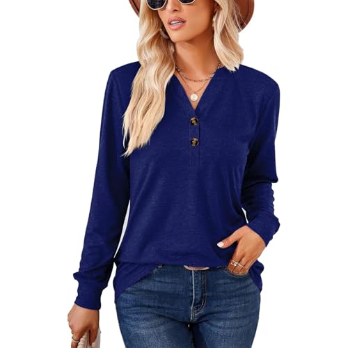 YNIQUE Damen Langarmshirt Elegant Langarm Oberteile V-Ausschnitt Basic Tunika Bluse Knopfleiste von YNIQUE