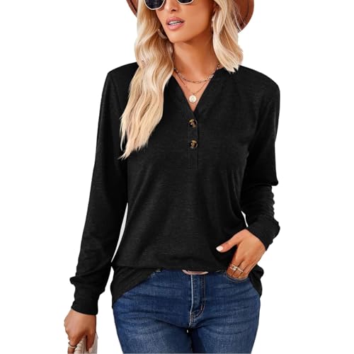 YNIQUE Damen Langarmshirt Elegant Langarm Oberteile V-Ausschnitt Basic Tunika Bluse Knopfleiste von YNIQUE
