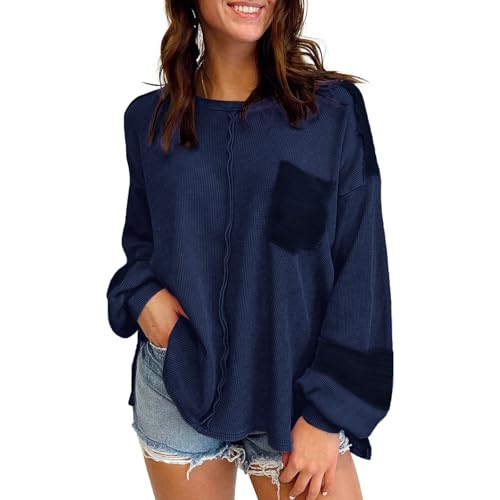 YNIQUE Damen Oberteile Waffelstrick Langarm Oversize T-Shirt Leichte Henley Shirt von YNIQUE