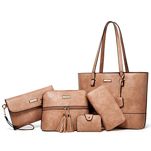 YNIQUE Handtasche Damen Shopper Schultertasche Umhängetasche Geldbörse Tragetasche Groß Tasche Tote für Büro Schule Einkauf Reise Leder 5-teiliges Set von YNIQUE