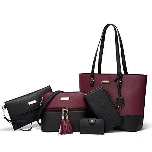 YNIQUE Handtasche Damen Shopper Schultertasche Umhängetasche Geldbörse Tragetasche Groß Tasche Tote für Büro Schule Einkauf Reise Leder 5-teiliges Set von YNIQUE
