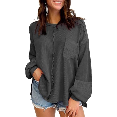 YNIQUE Langarmshirt Damen Bluse Pullover U-Ausschnitt Tunika Lässige Oberteile Puffärmel Blusenshirt Basic Tops von YNIQUE