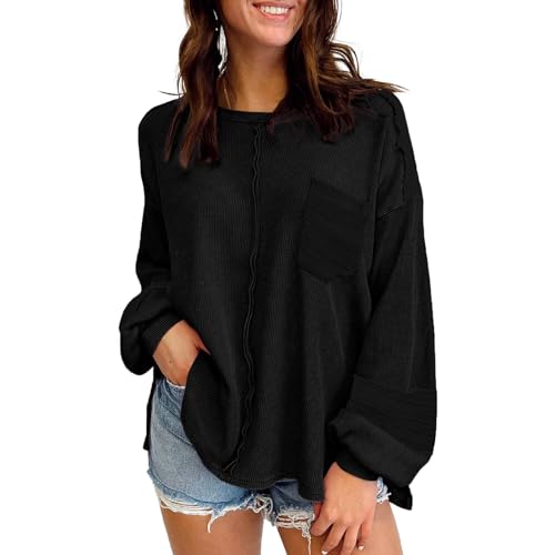 YNIQUE Langarmshirt Damen Bluse Pullover U-Ausschnitt Tunika Lässige Oberteile Puffärmel Blusenshirt Basic Tops von YNIQUE