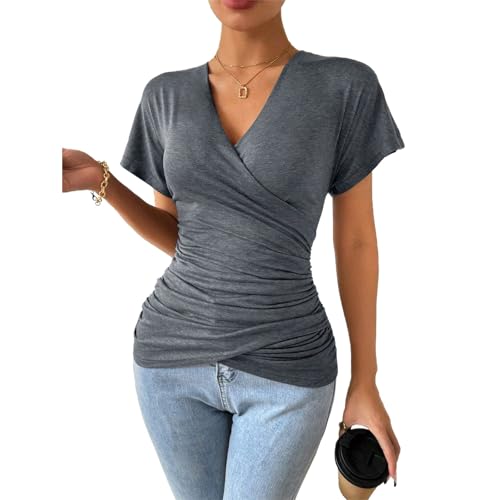 YNIQUE T Shirt Damen V-Ausschnitt Shirt Eng Skims Damen Basic Y2k Top Einfarbig T Shirt Damen Sommer Bluse von YNIQUE